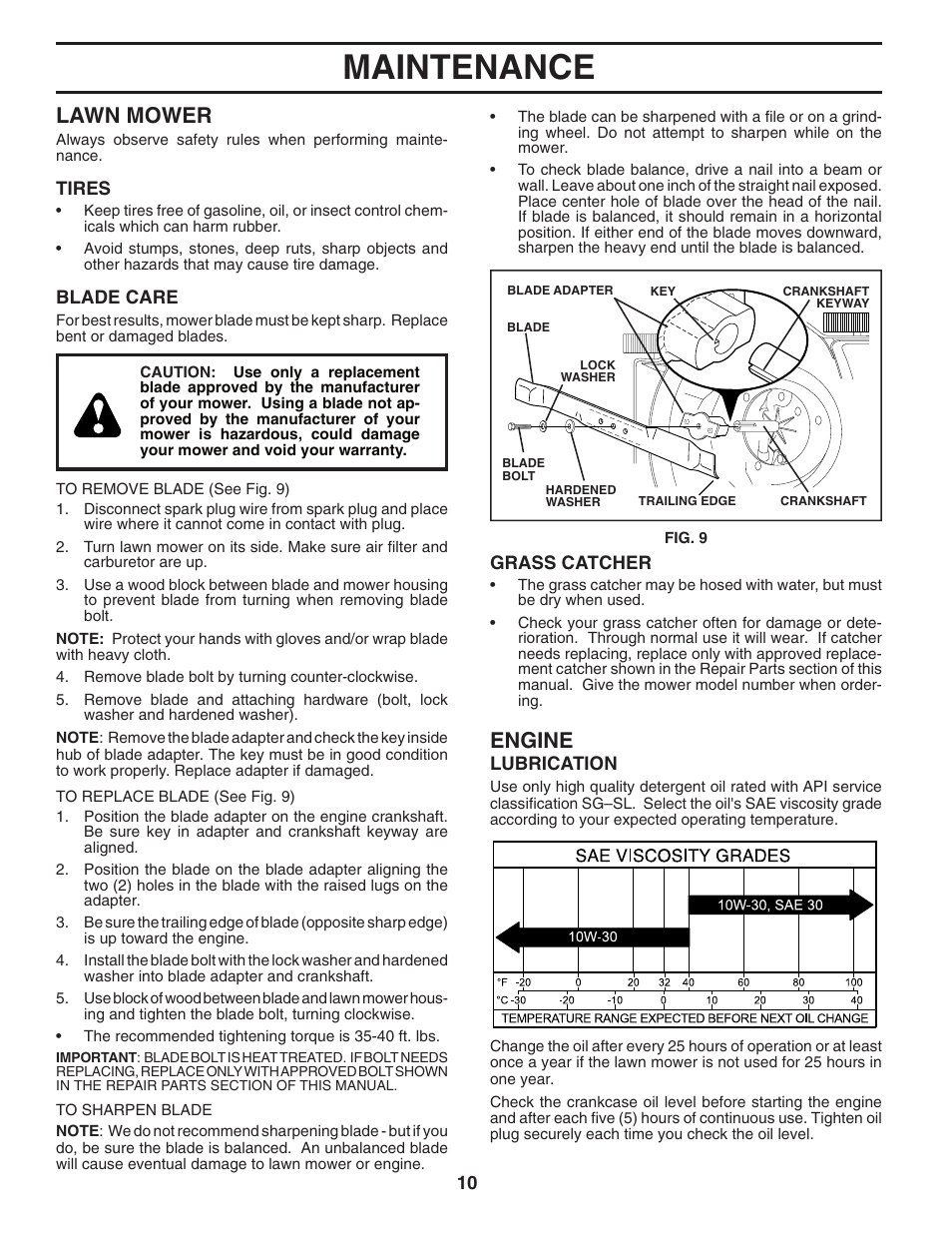 Maintenance, Lawn mower, Engine | Husqvarna 6021P User Manual | Page 10 / 16