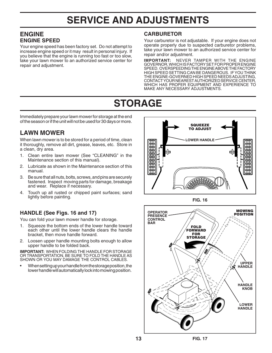 Service and adjustments, Storage, Engine | Lawn mower | Husqvarna 6021P User Manual | Page 13 / 16