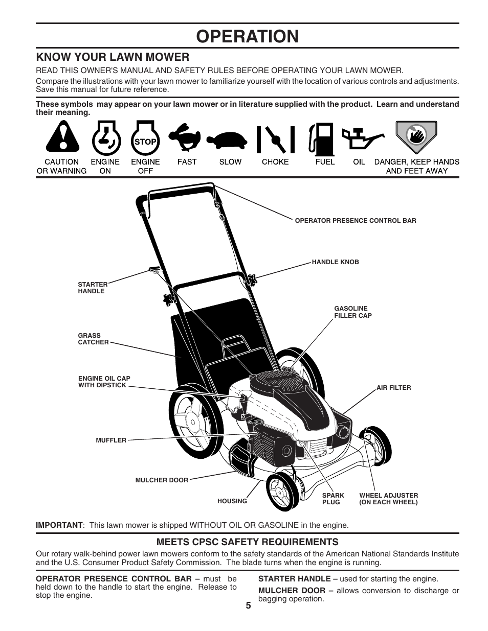 Operation, Know your lawn mower | Husqvarna 6021P User Manual | Page 5 / 16