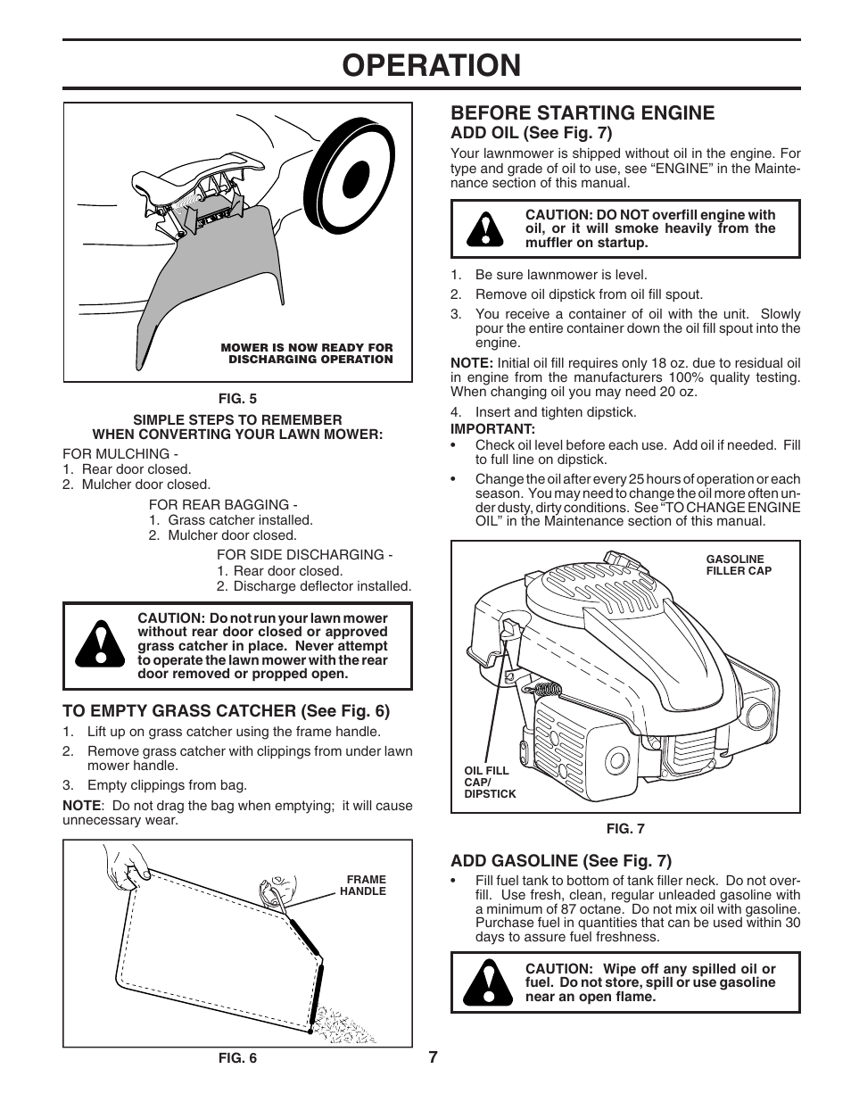Operation, Before starting engine | Husqvarna 6021P User Manual | Page 7 / 16
