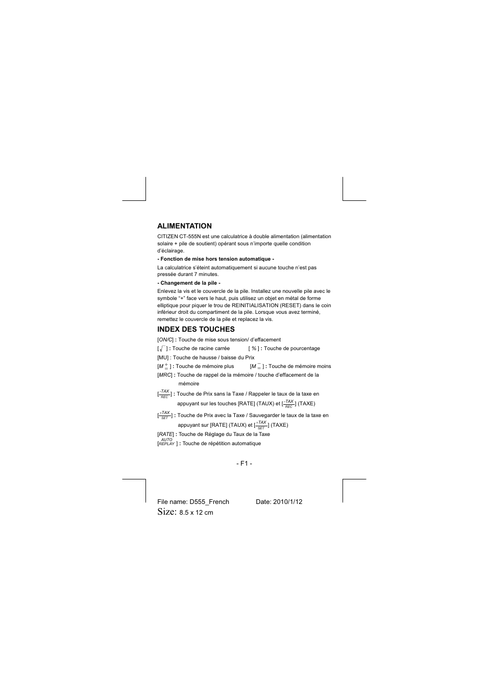 Size, Alimentation, Index des touches | CITIZEN CT-555N User Manual | Page 10 / 40