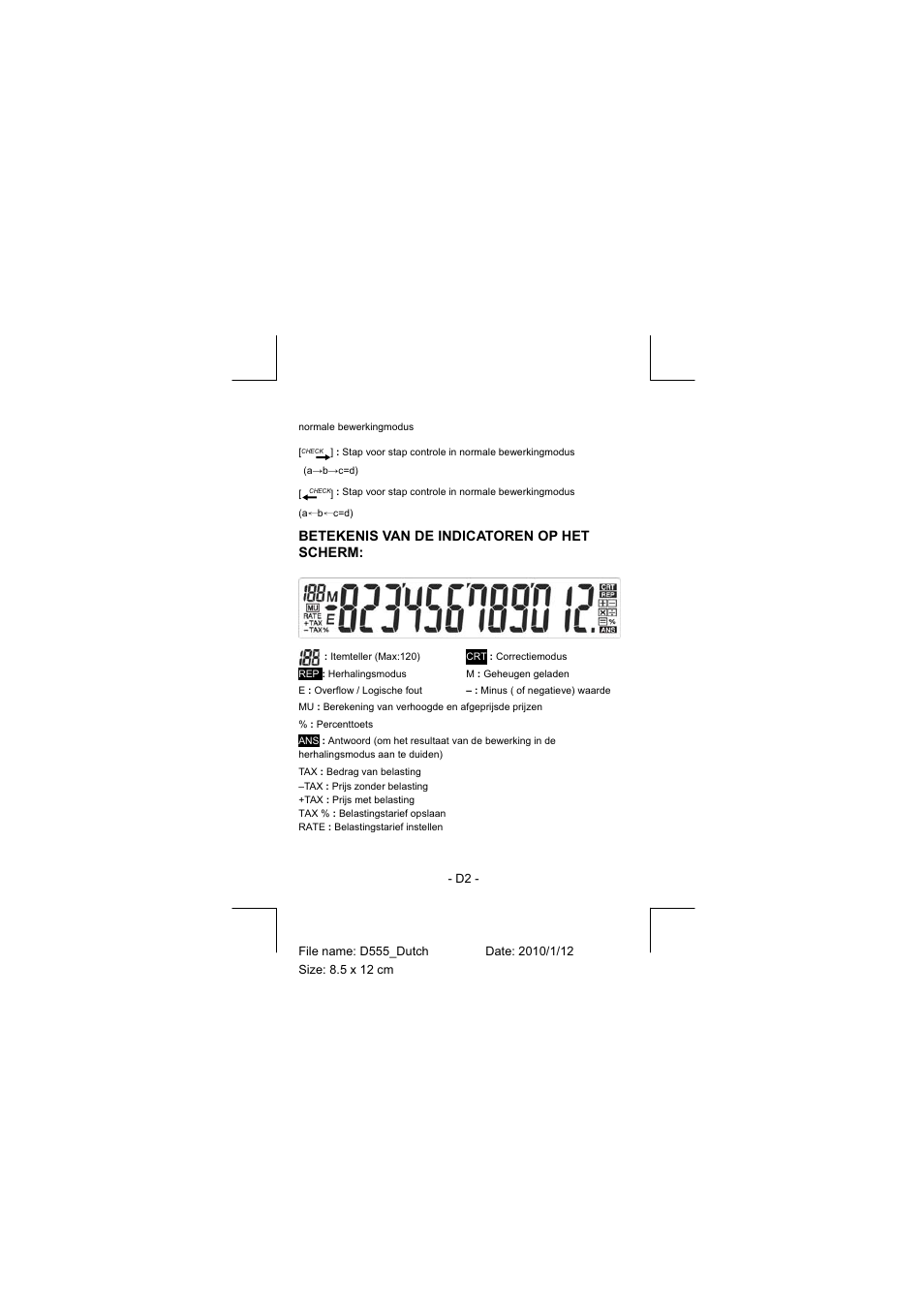 Betekenis van de indicatoren op het scherm | CITIZEN CT-555N User Manual | Page 15 / 40