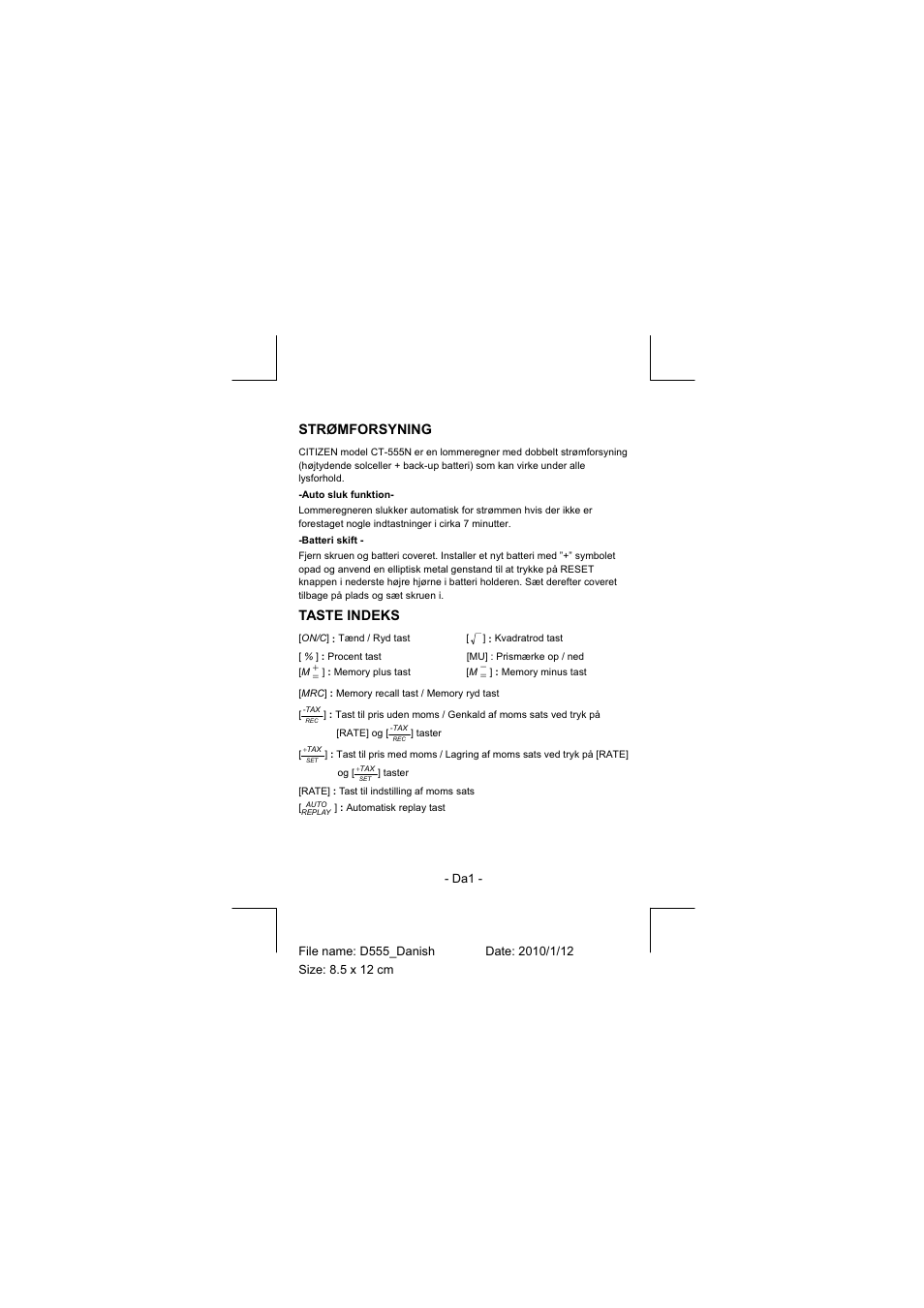 Strømforsyning, Taste indeks | CITIZEN CT-555N User Manual | Page 16 / 40