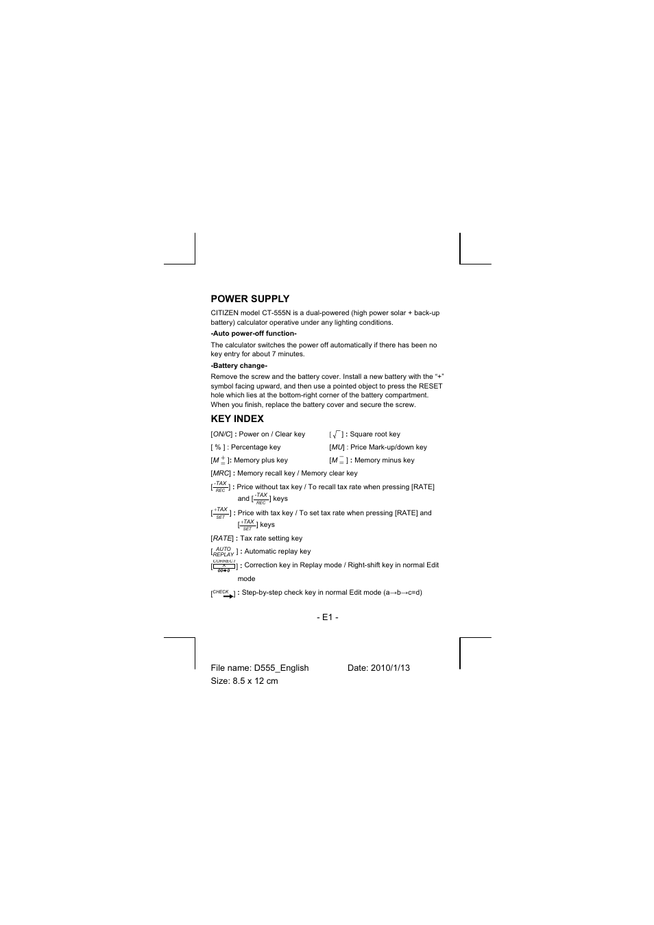 Power supply, Key index | CITIZEN CT-555N User Manual | Page 2 / 40