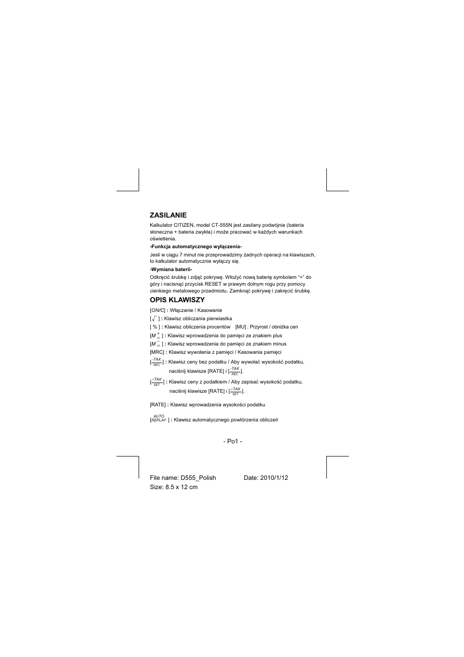 Zasilanie, Opis klawiszy | CITIZEN CT-555N User Manual | Page 20 / 40