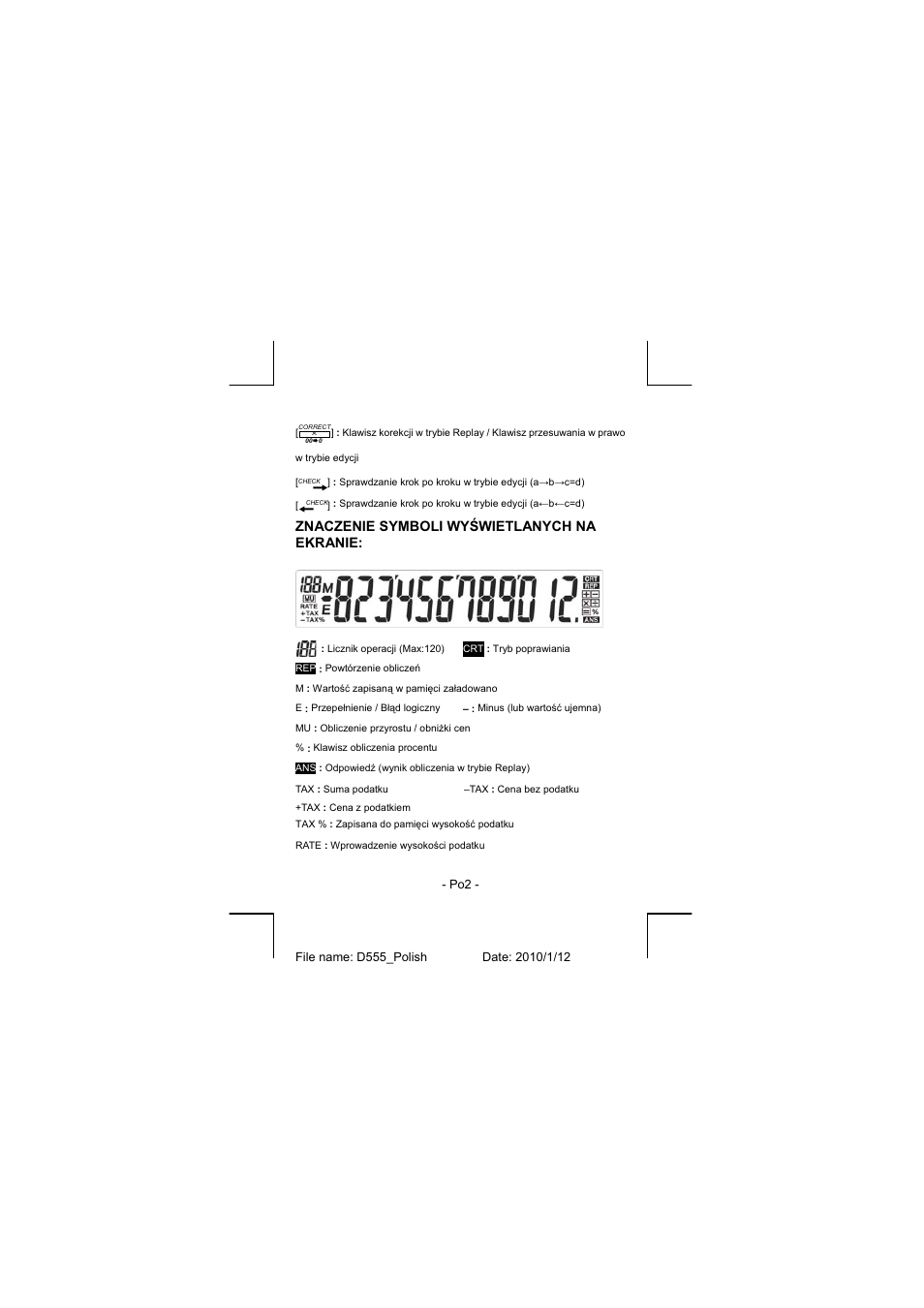 Znaczenie symboli wy ĝwietlanych na ekranie | CITIZEN CT-555N User Manual | Page 21 / 40