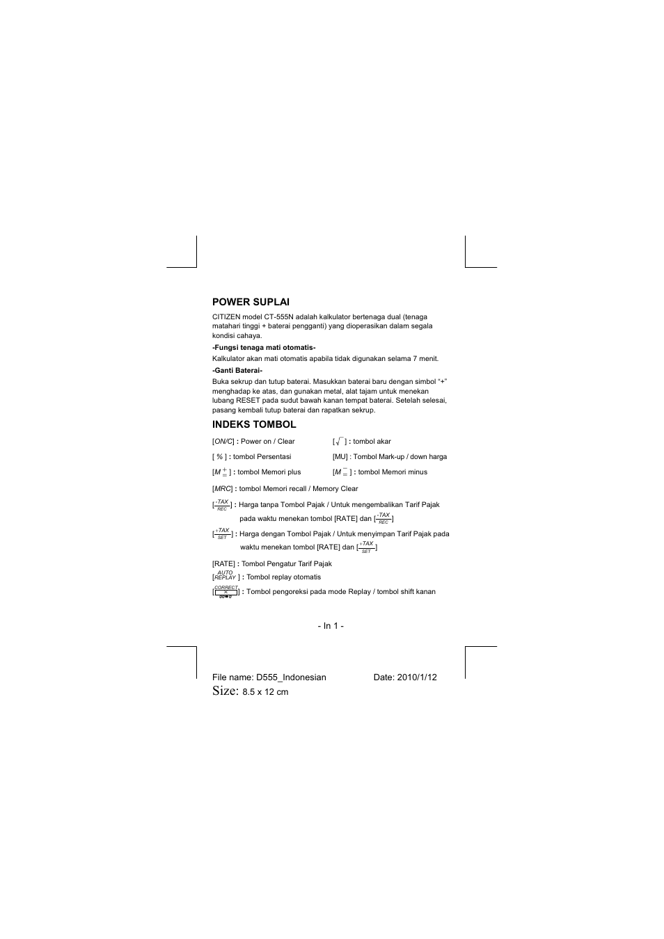 Size, Power suplai, Indeks tombol | CITIZEN CT-555N User Manual | Page 24 / 40