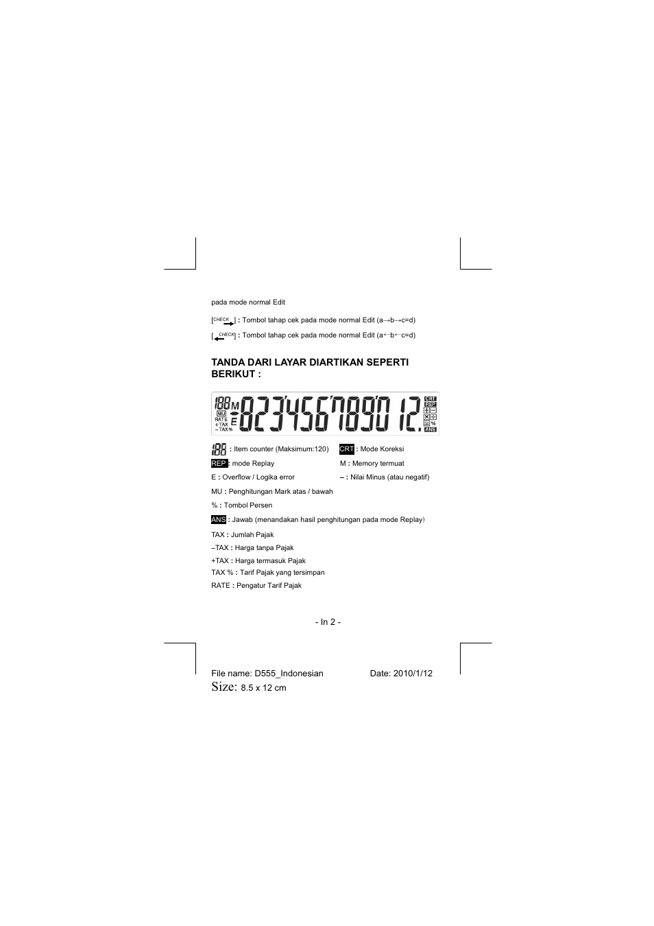 Size, Tanda dari layar diartikan seperti berikut | CITIZEN CT-555N User Manual | Page 25 / 40