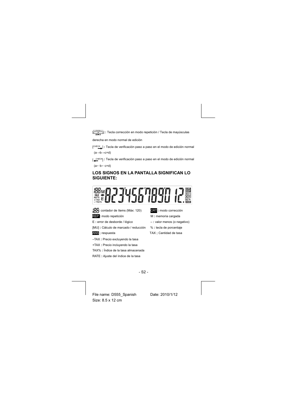 Los signos en la pantalla significan lo siguiente | CITIZEN CT-555N User Manual | Page 5 / 40