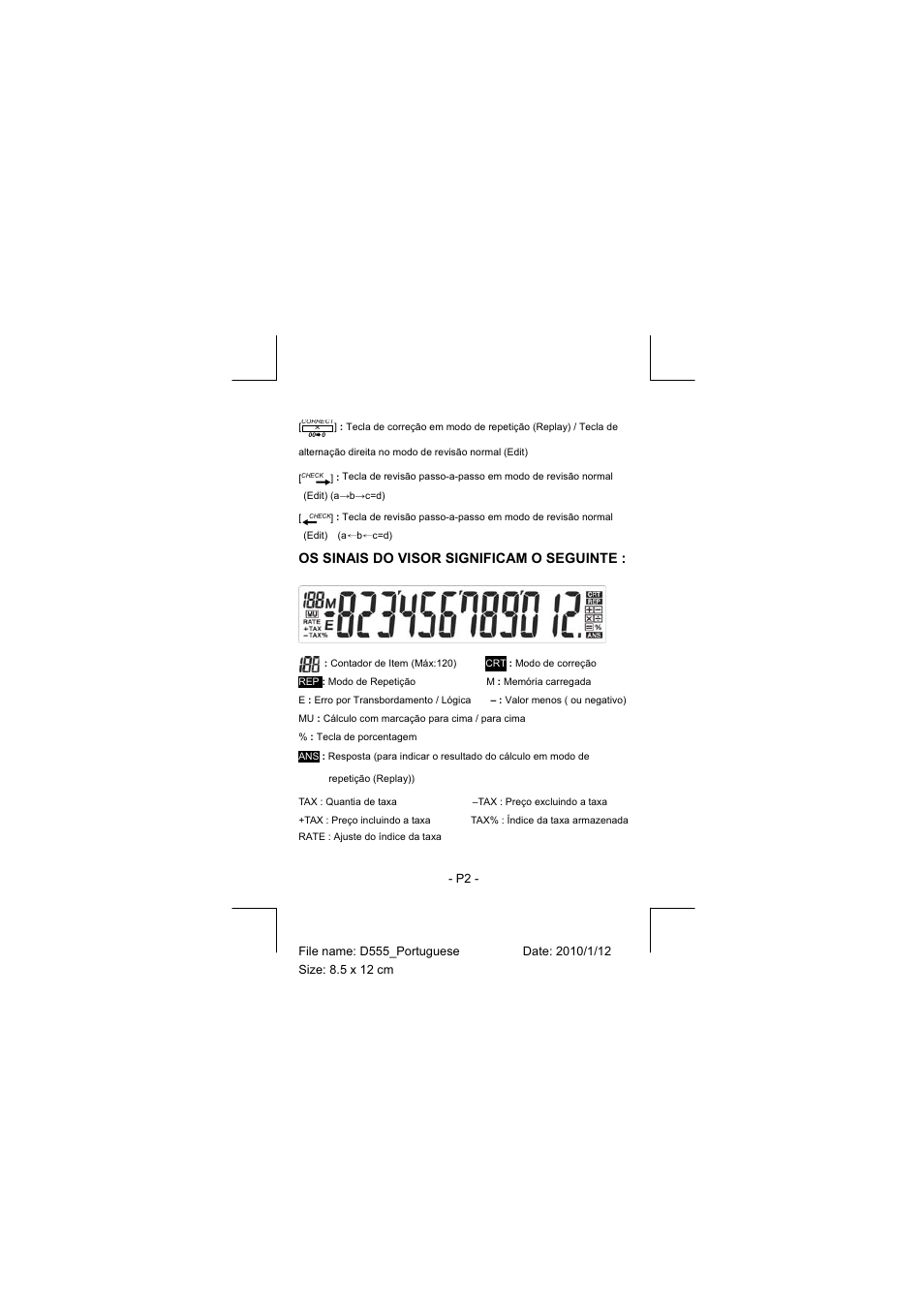 Os sinais do visor significam o seguinte | CITIZEN CT-555N User Manual | Page 7 / 40