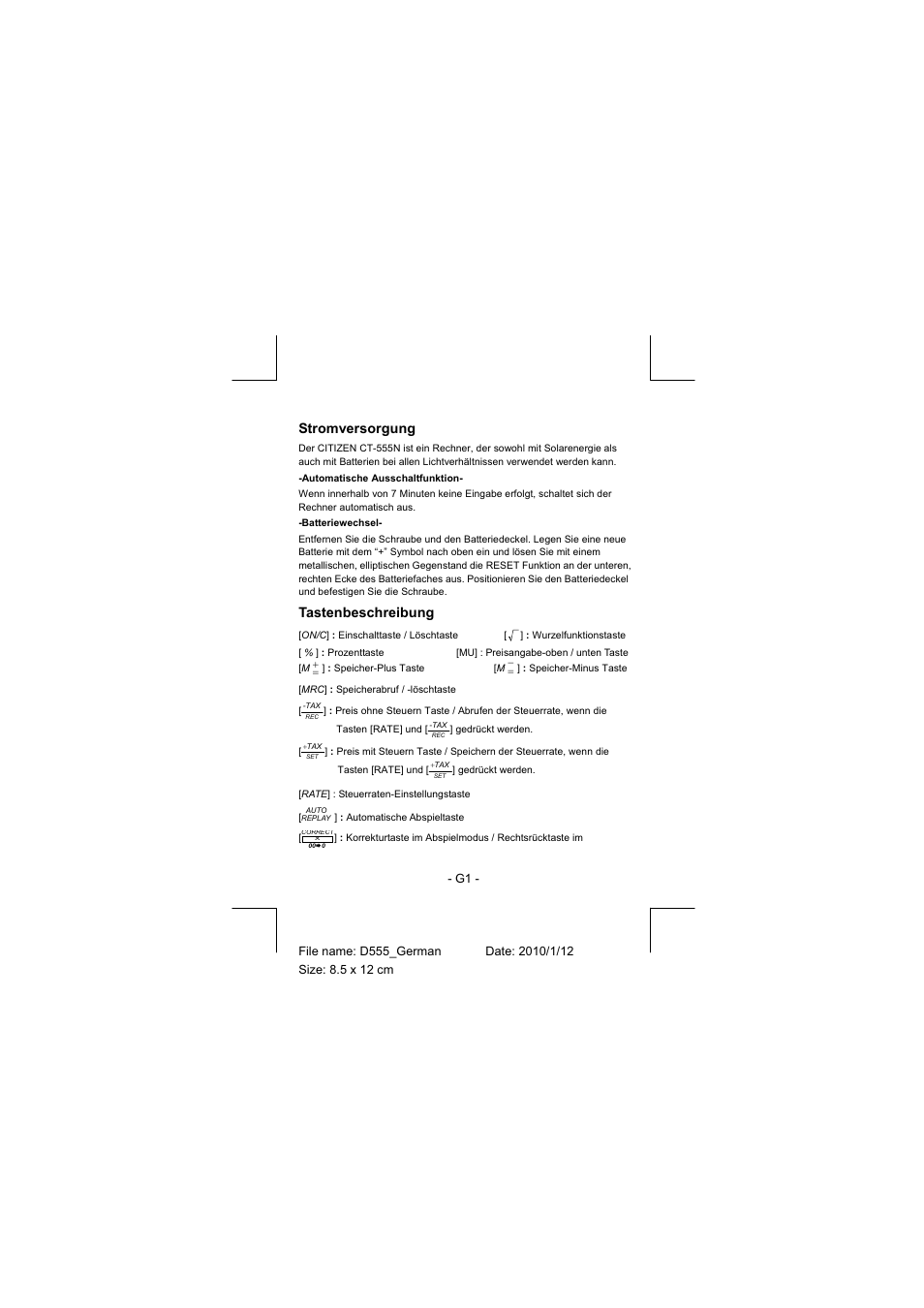 Stromversorgung, Tastenbeschreibung | CITIZEN CT-555N User Manual | Page 8 / 40