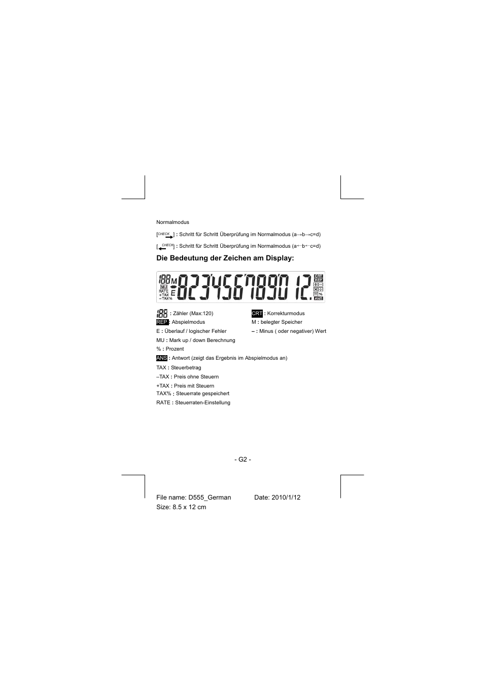 Die bedeutung der zeichen am display | CITIZEN CT-555N User Manual | Page 9 / 40