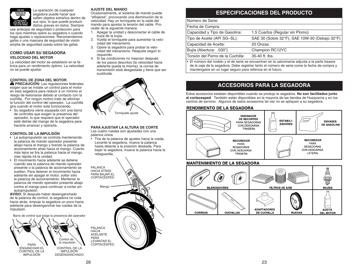 Accesorios para la segadora, Especificaciones del producto | Husqvarna 917.37723 User Manual | Page 23 / 24