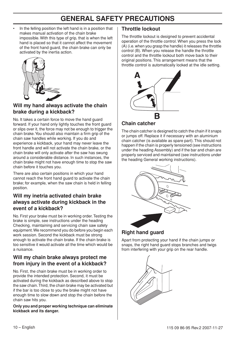 Throttle lockout, Chain catcher, Right hand guard | General safety precautions | Husqvarna 350 epa I User Manual | Page 10 / 48