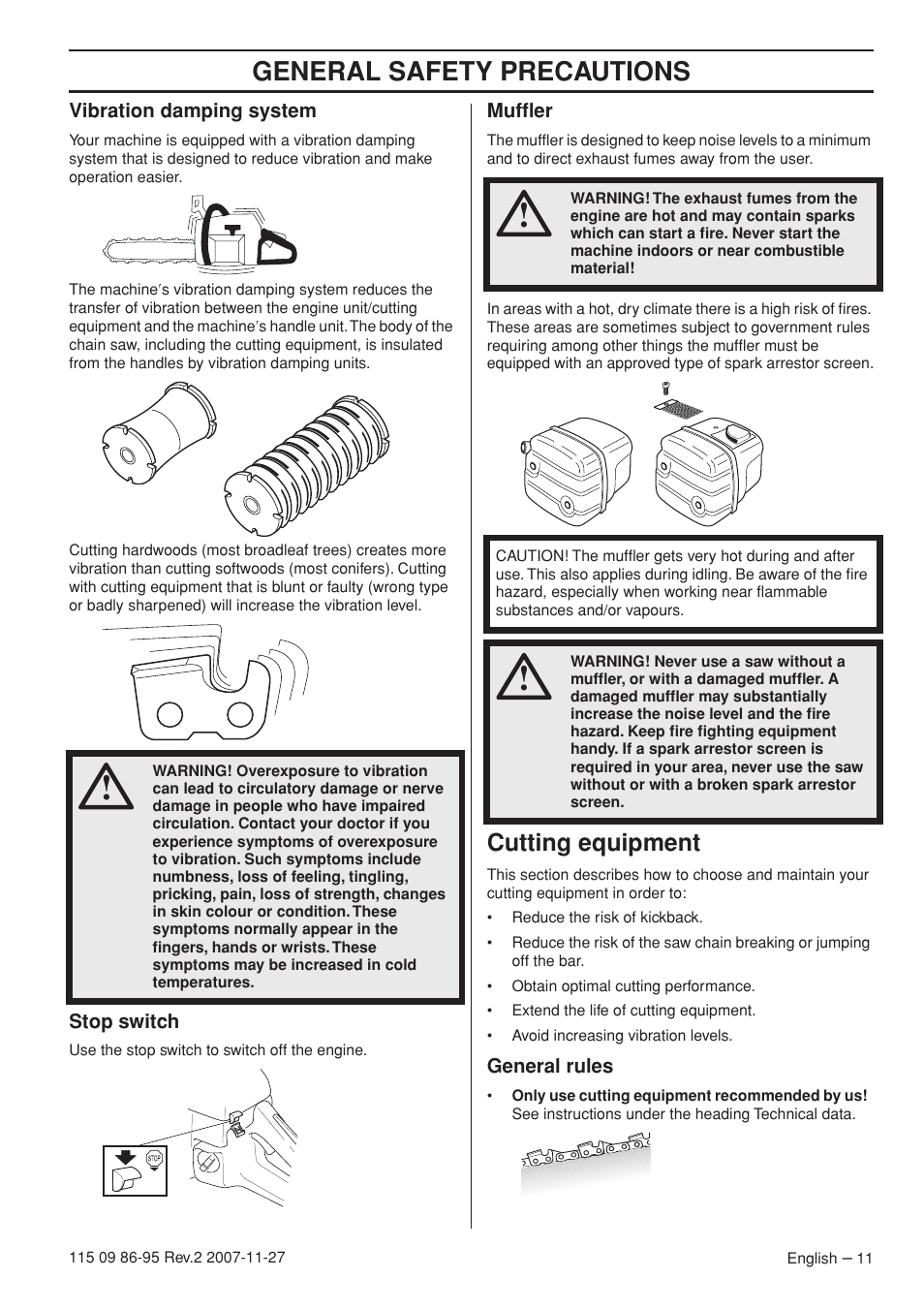 Vibration damping system, Stop switch, Muffler | Cutting equipment, General rules, General safety precautions | Husqvarna 350 epa I User Manual | Page 11 / 48