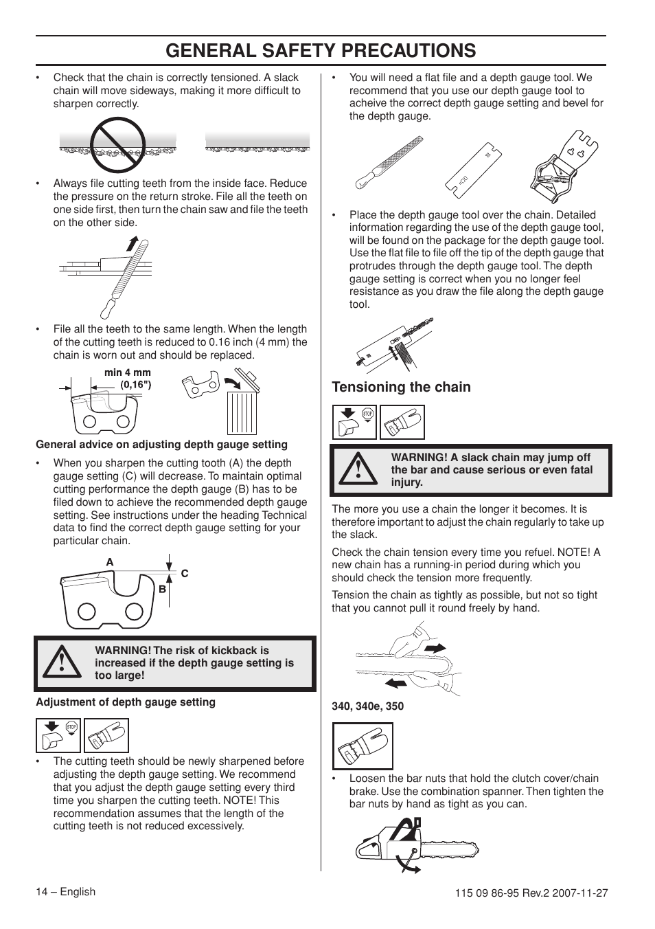 Tensioning the chain, General safety precautions | Husqvarna 350 epa I User Manual | Page 14 / 48