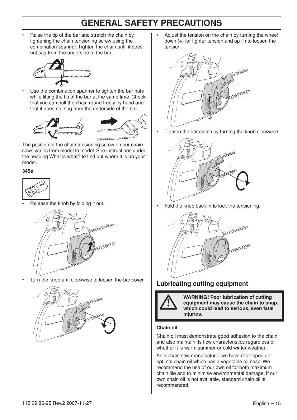 Lubricating cutting equipment, General safety precautions | Husqvarna 350 epa I User Manual | Page 15 / 48