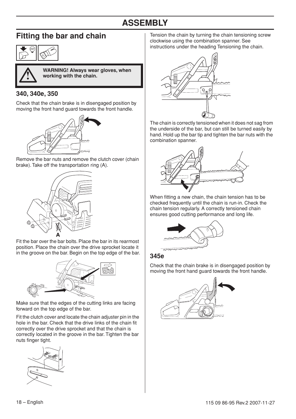 Fitting the bar and chain, 340, 340e, 350, 345e | Assembly | Husqvarna 350 epa I User Manual | Page 18 / 48