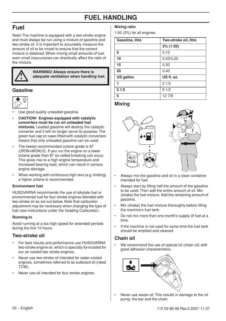 Fuel, Gasoline, Two-stroke oil | Mixing, Chain oil, Fuel handling | Husqvarna 350 epa I User Manual | Page 20 / 48