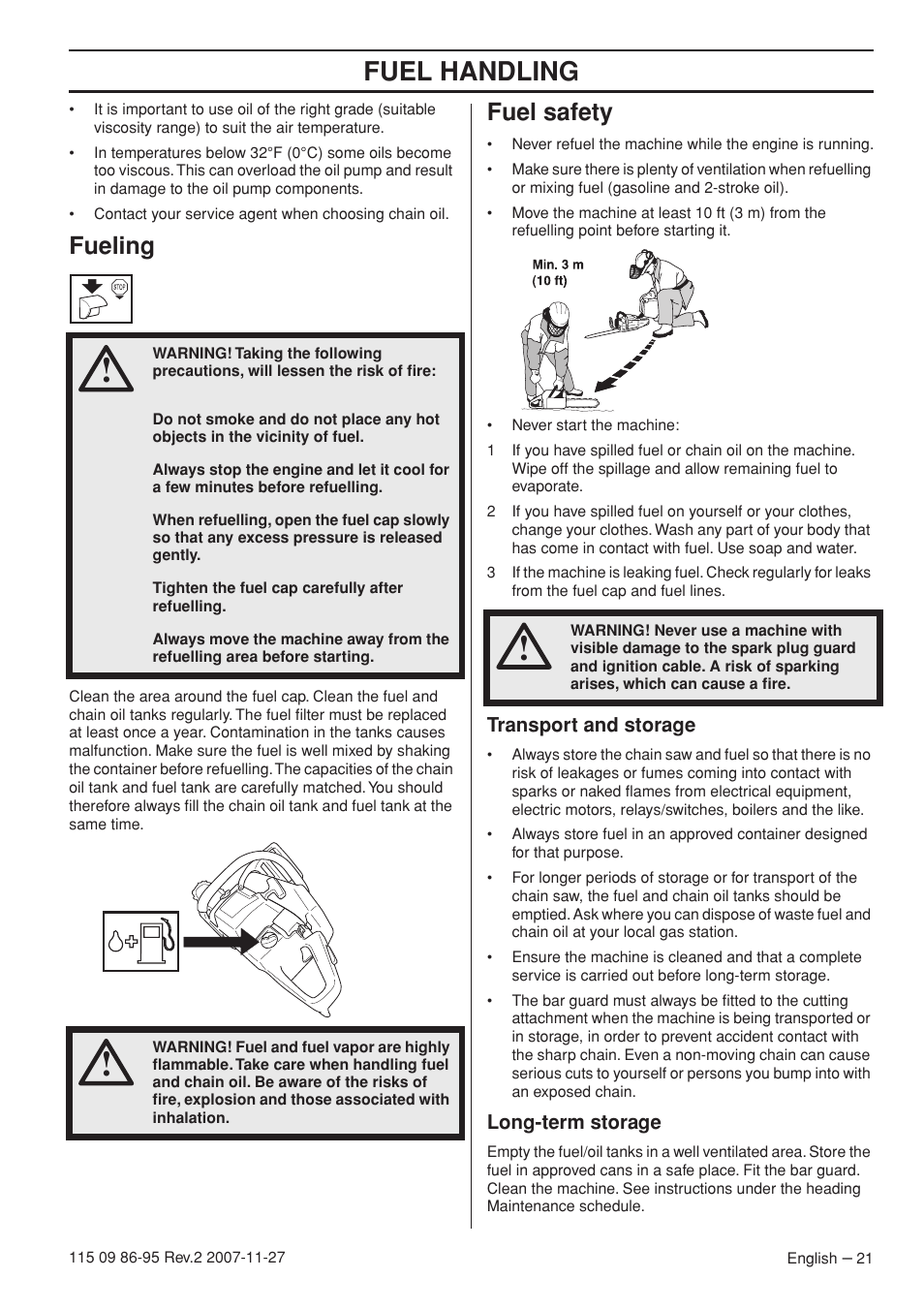 Fueling, Fuel safety, Transport and storage | Long-term storage, Fuel handling | Husqvarna 350 epa I User Manual | Page 21 / 48