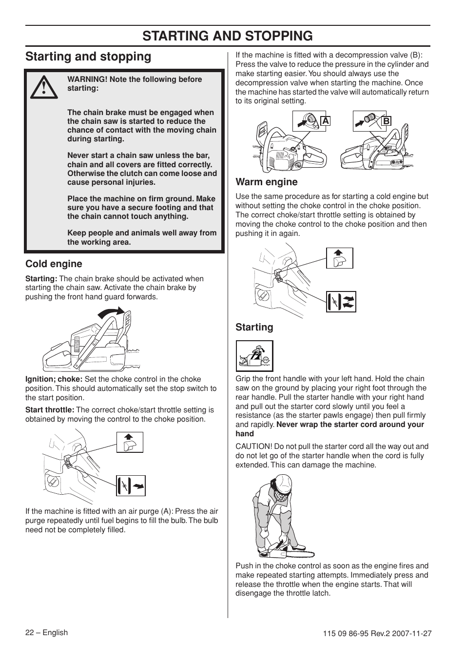 Starting and stopping, Cold engine, Warm engine | Starting | Husqvarna 350 epa I User Manual | Page 22 / 48