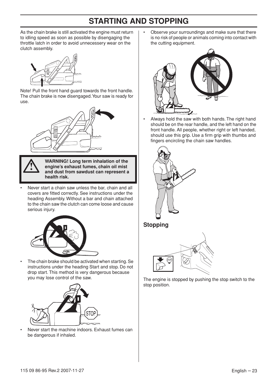 Stopping, Starting and stopping | Husqvarna 350 epa I User Manual | Page 23 / 48