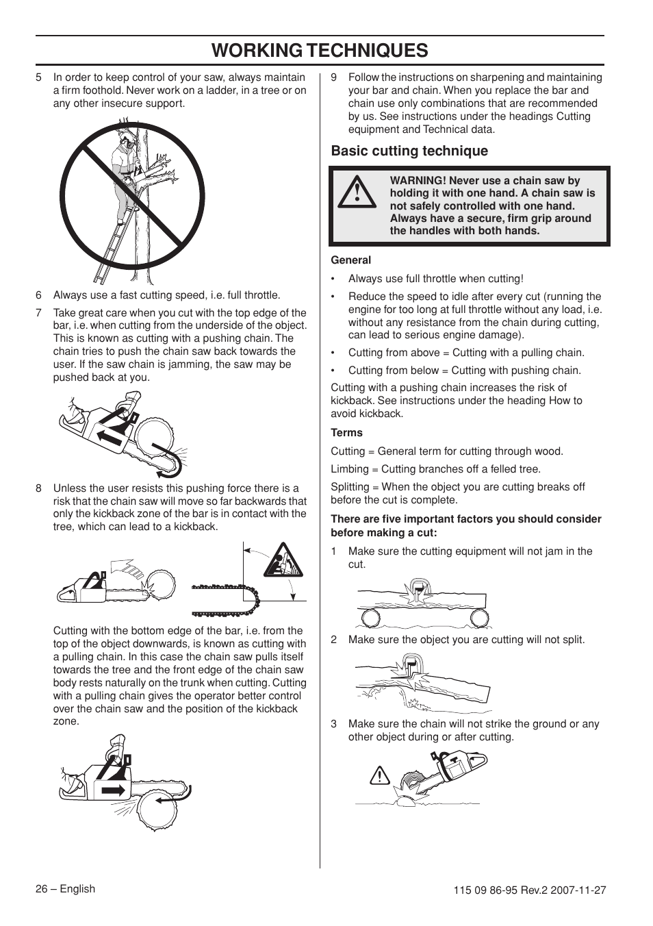 Basic cutting technique, Working techniques | Husqvarna 350 epa I User Manual | Page 26 / 48