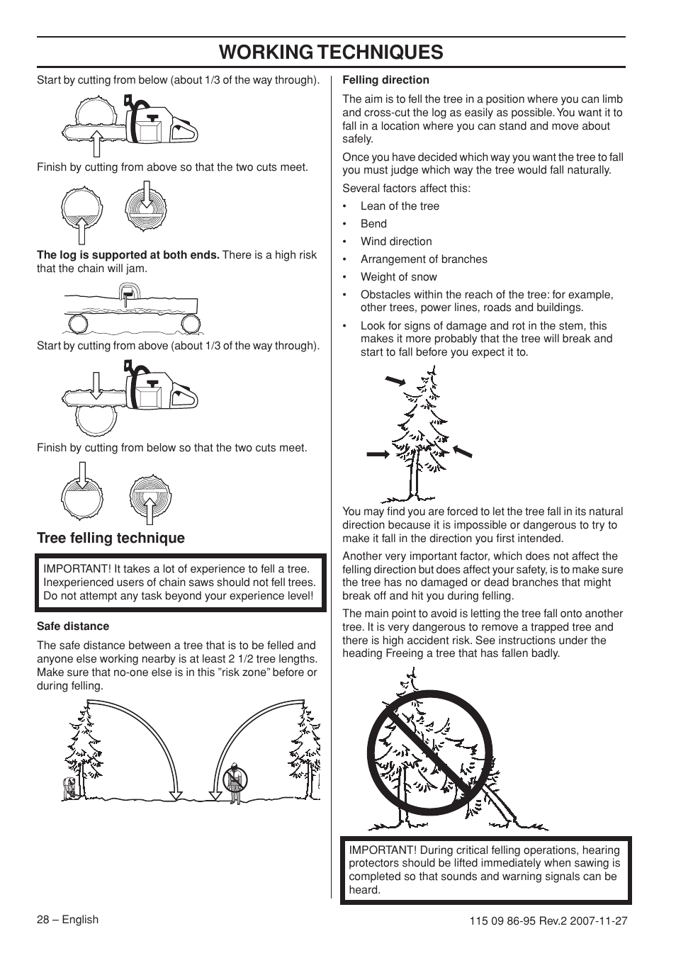 Tree felling technique, Working techniques | Husqvarna 350 epa I User Manual | Page 28 / 48