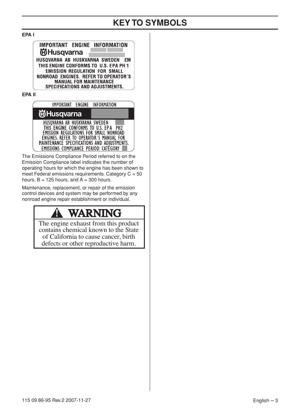 Key t o symbols | Husqvarna 350 epa I User Manual | Page 3 / 48