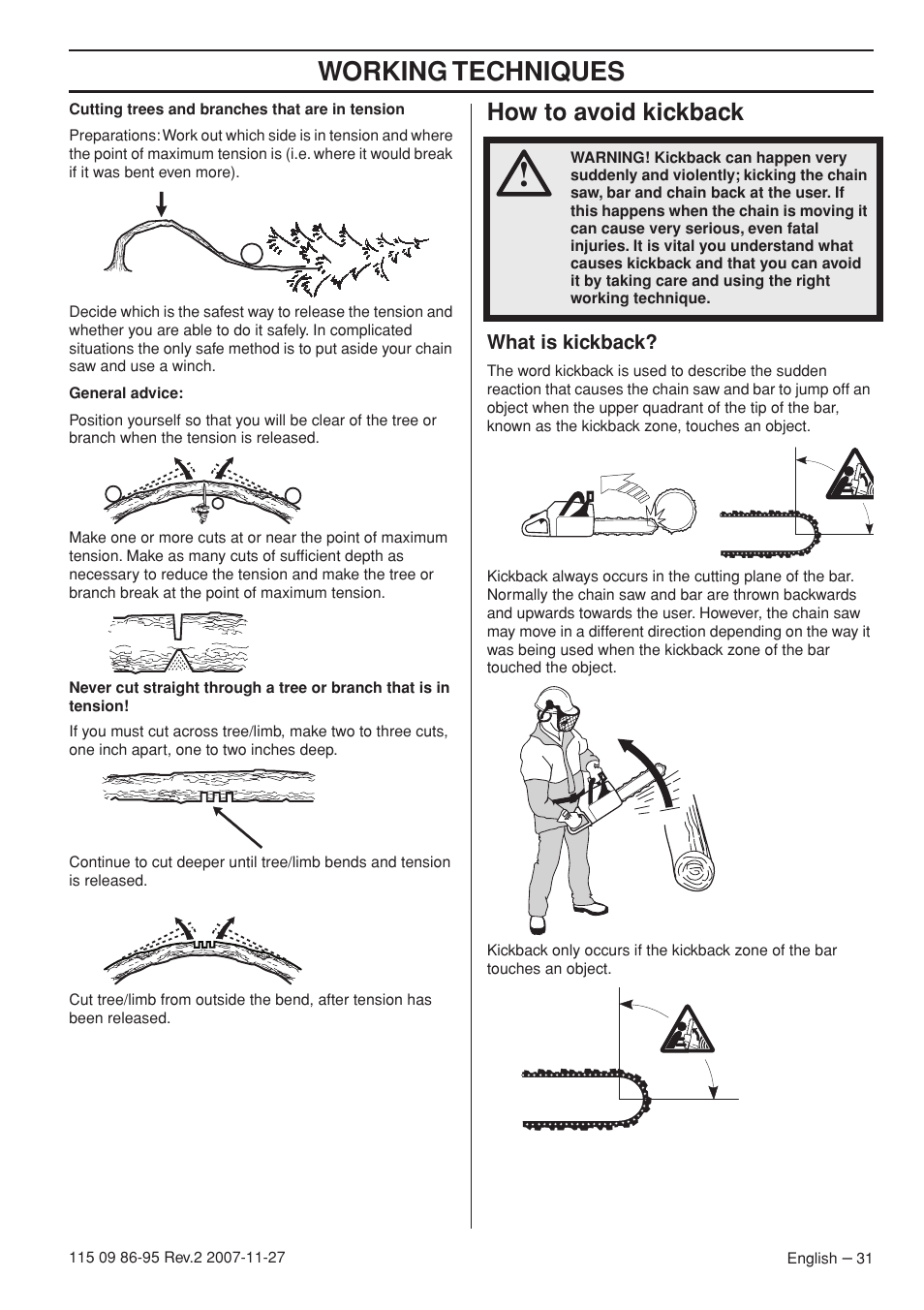 How to avoid kickback, What is kickback, Working techniques | Husqvarna 350 epa I User Manual | Page 31 / 48