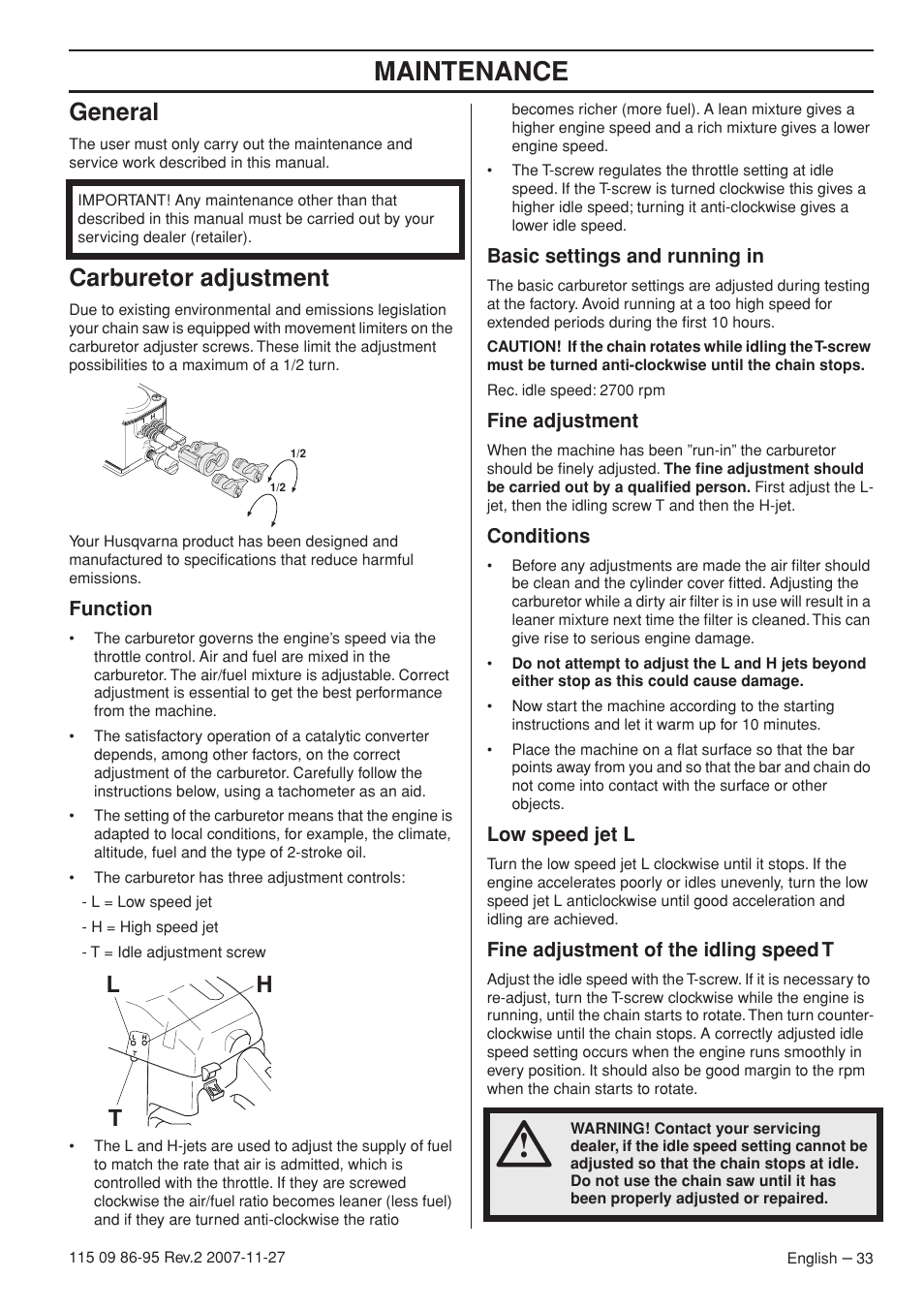 General, Carburetor adjustment, Function | Basic settings and running in, Fine adjustment, Conditions, Low speed jet l, Fine adjustment of the idling speed t, Maintenance, Lh t | Husqvarna 350 epa I User Manual | Page 33 / 48