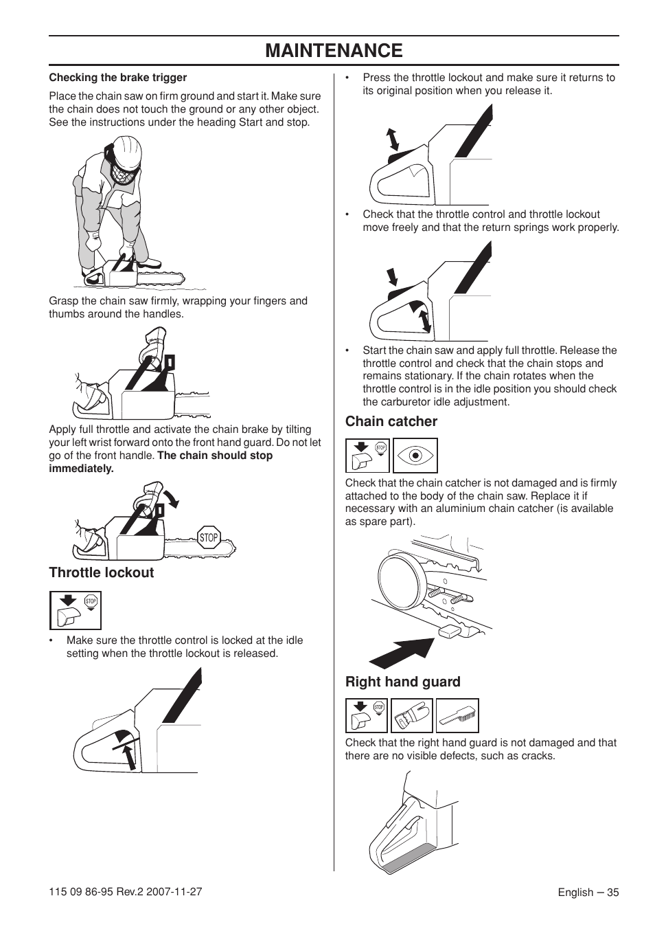 Throttle lockout, Chain catcher, Right hand guard | Maintenance | Husqvarna 350 epa I User Manual | Page 35 / 48