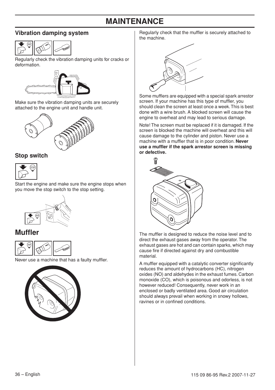 Vibration damping system, Stop switch, Muffler | Maintenance | Husqvarna 350 epa I User Manual | Page 36 / 48