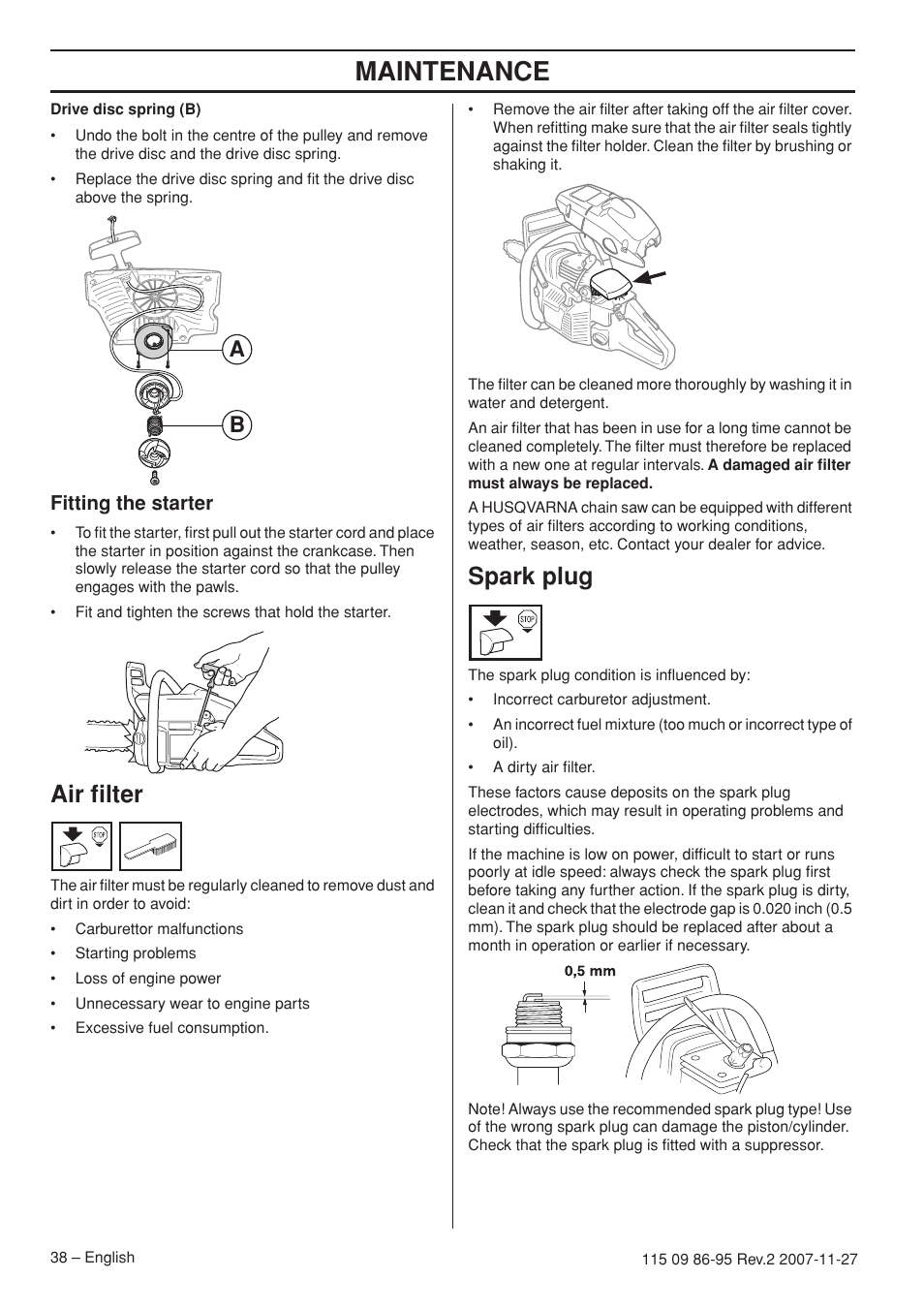 Fitting the starter, Air filter, Spark plug | Maintenance | Husqvarna 350 epa I User Manual | Page 38 / 48