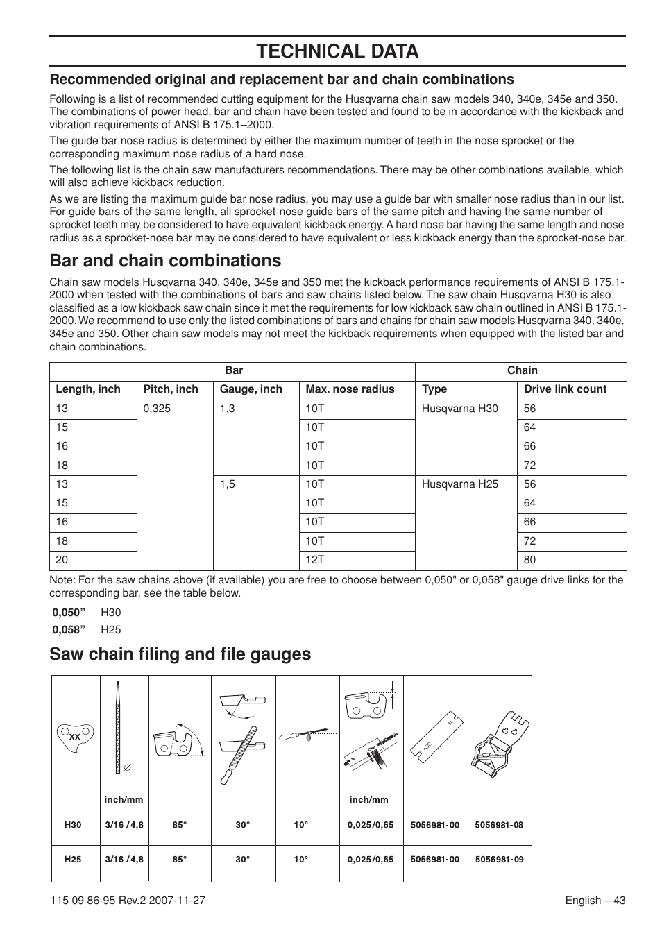 Bar and chain combinations, Saw chain filing and file gauges, Technical data | Husqvarna 350 epa I User Manual | Page 43 / 48