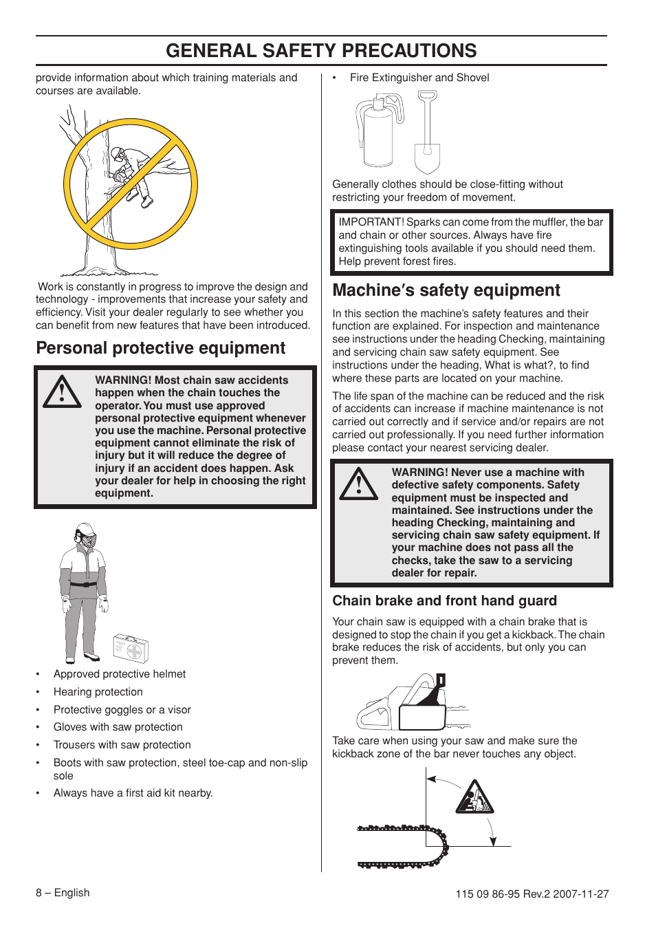 Personal protective equipment, Machine¢s safety equipment, Chain brake and front hand guard | General safety precautions, Machine ′′′′ s safety equipment | Husqvarna 350 epa I User Manual | Page 8 / 48