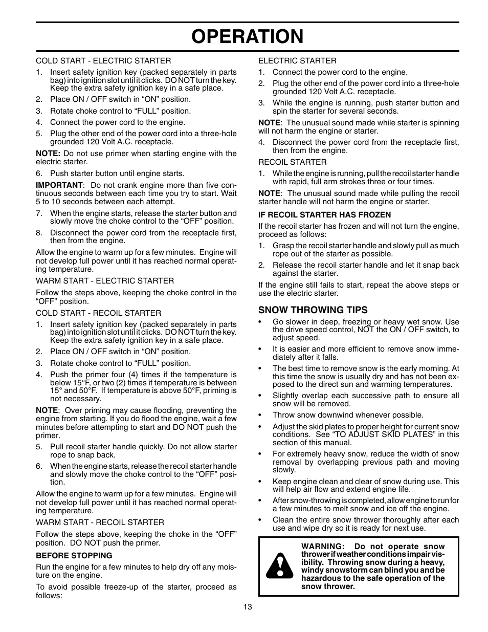 Operation | Husqvarna 10530SBEB User Manual | Page 13 / 32
