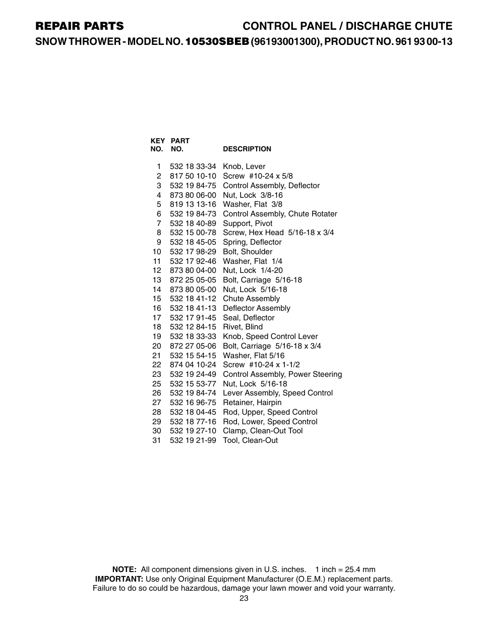 Parts list, Repair parts control panel / discharge chute | Husqvarna 10530SBEB User Manual | Page 23 / 32