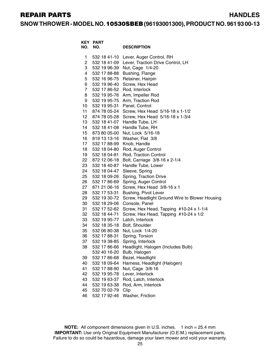 Parts list, Repair parts handles | Husqvarna 10530SBEB User Manual | Page 25 / 32