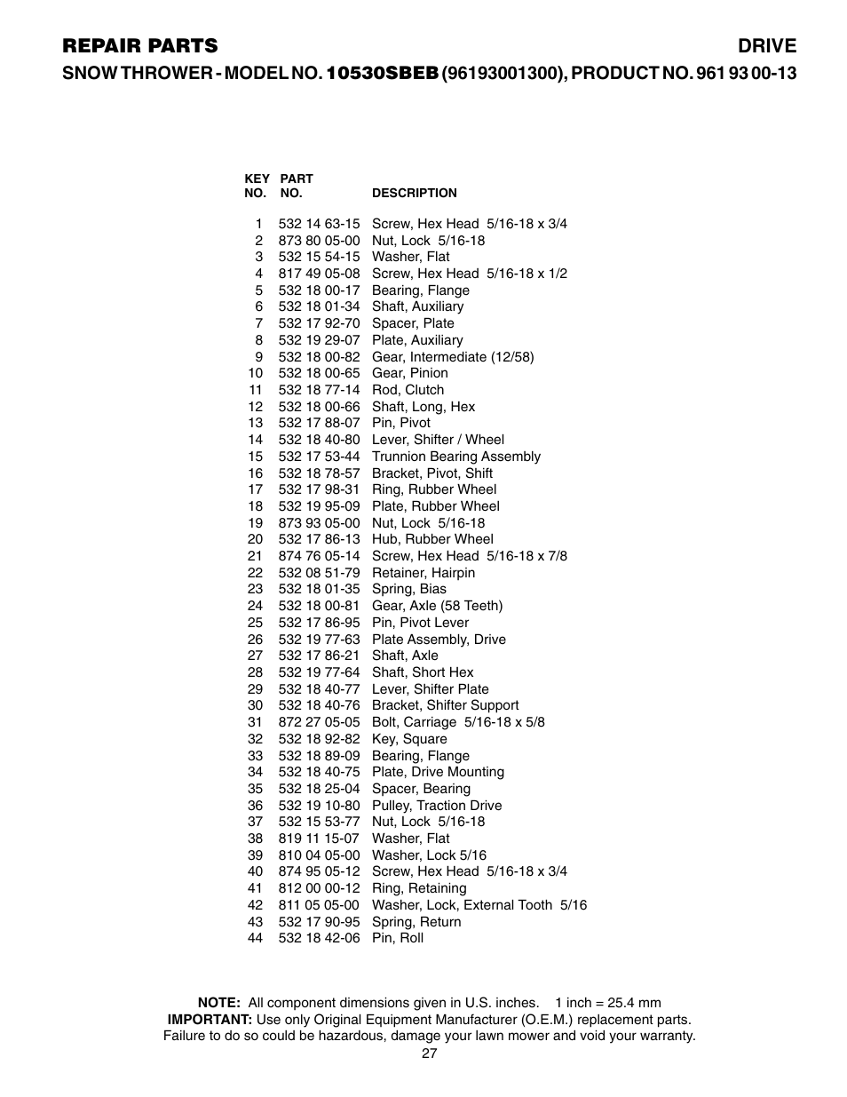 Parts list, Repair parts drive | Husqvarna 10530SBEB User Manual | Page 27 / 32