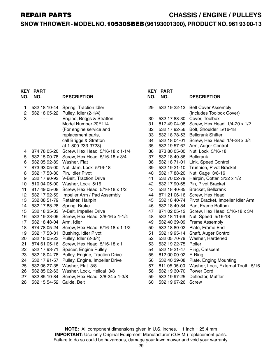 Parts list, Repair parts chassis / engine / pulleys | Husqvarna 10530SBEB User Manual | Page 29 / 32