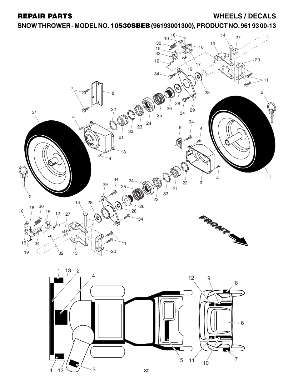 Wheels/ decals, Repair parts wheels / decals | Husqvarna 10530SBEB User Manual | Page 30 / 32