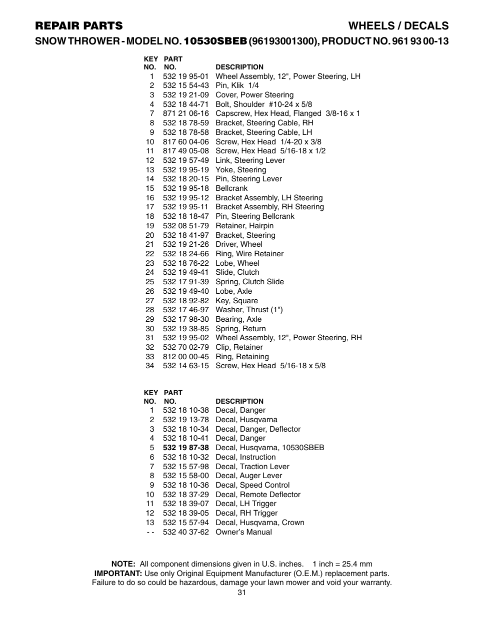 Parts list, Repair parts wheels / decals | Husqvarna 10530SBEB User Manual | Page 31 / 32