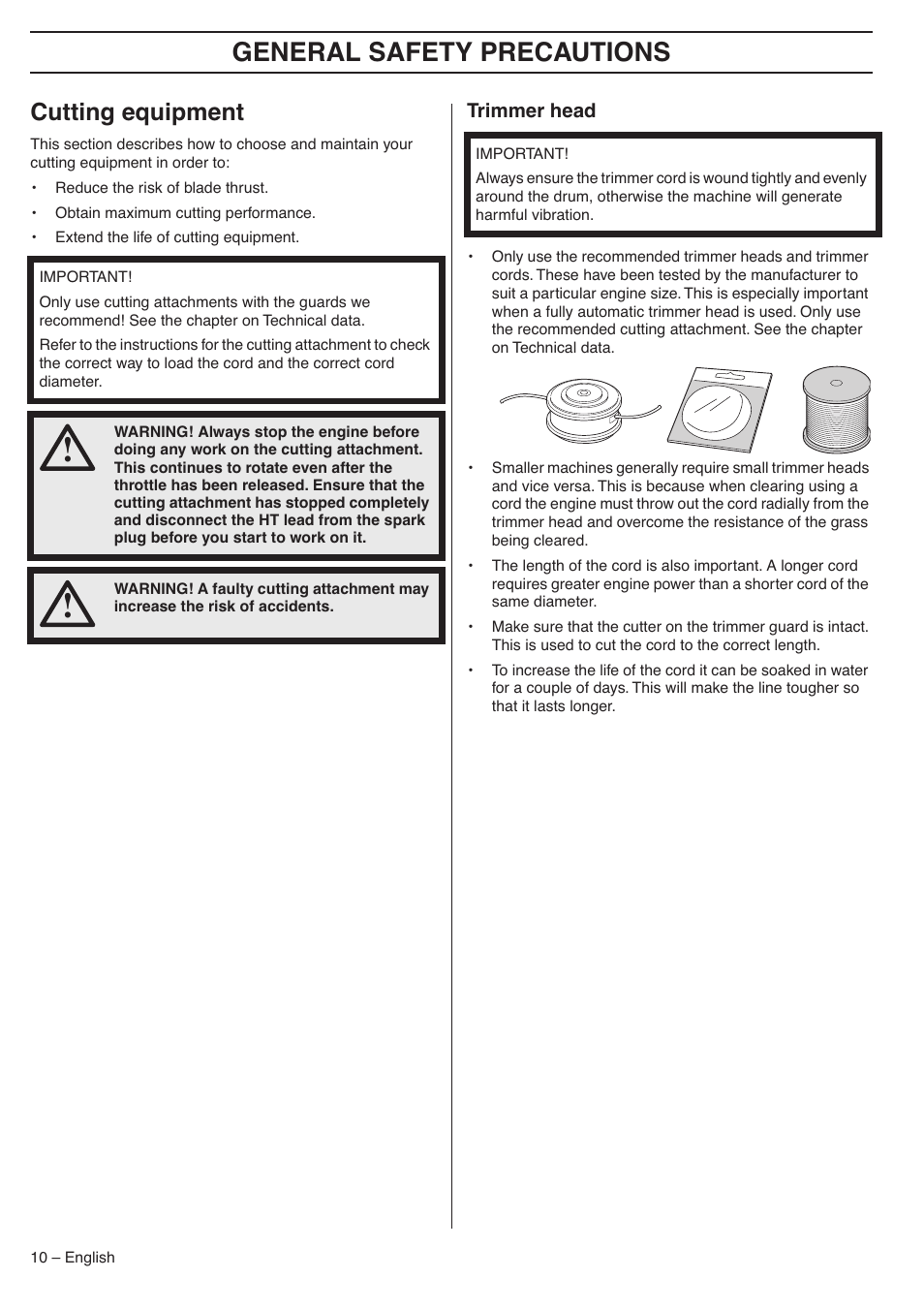 Cutting equipment, Trimmer head, General safety precautions | Husqvarna 335LX-SERIES 335LS User Manual | Page 10 / 36