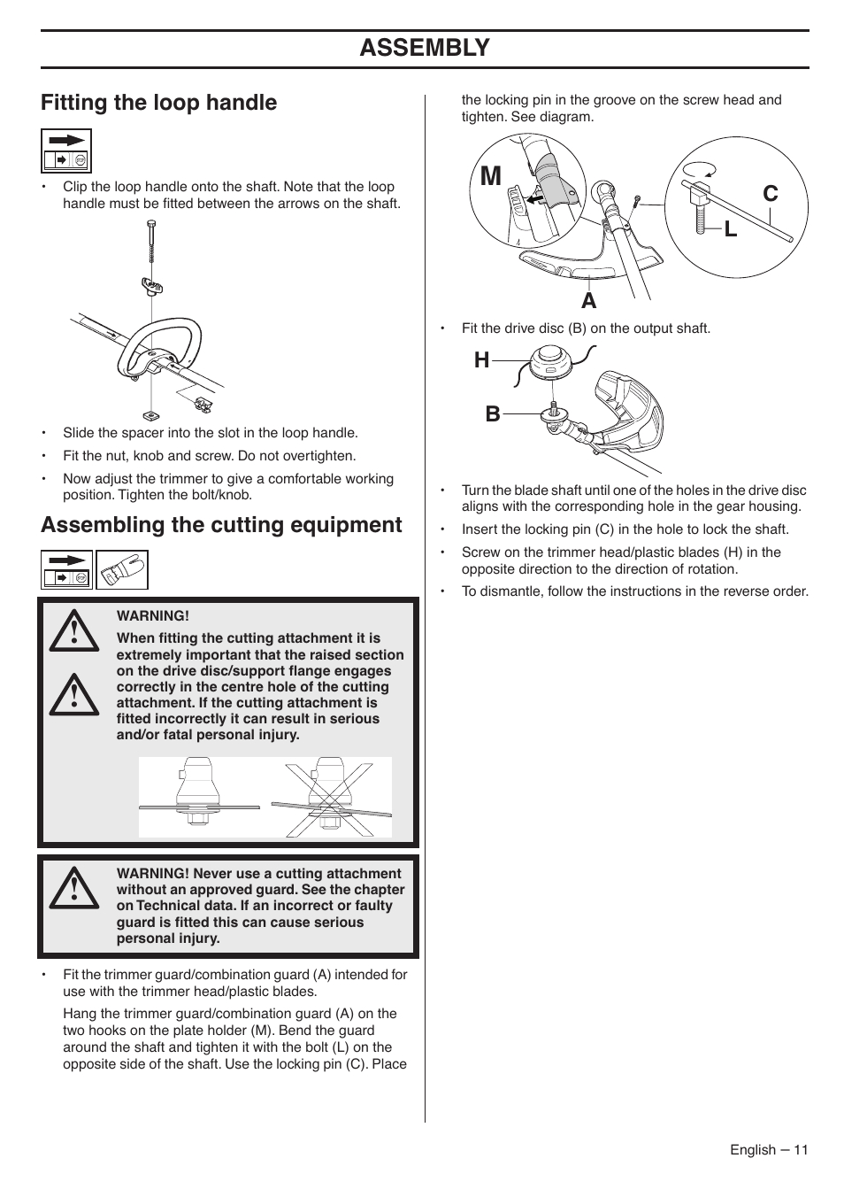 Fitting the loop handle, Assembling the cutting equipment, Assembly | Ab h | Husqvarna 335LX-SERIES 335LS User Manual | Page 11 / 36