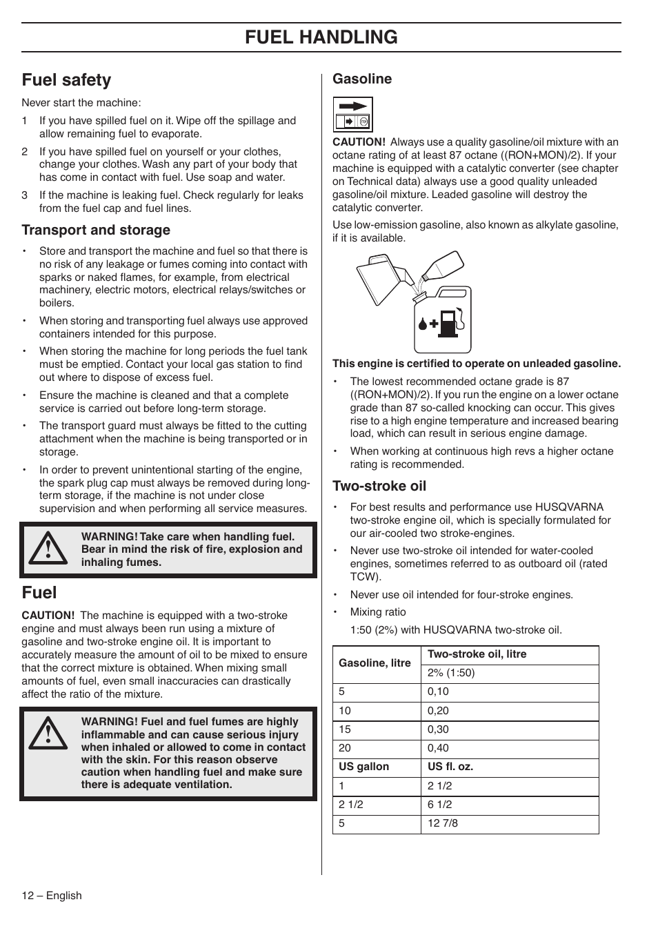 Fuel safety, Transport and storage, Fuel | Gasoline, Two-stroke oil, Fuel handling | Husqvarna 335LX-SERIES 335LS User Manual | Page 12 / 36