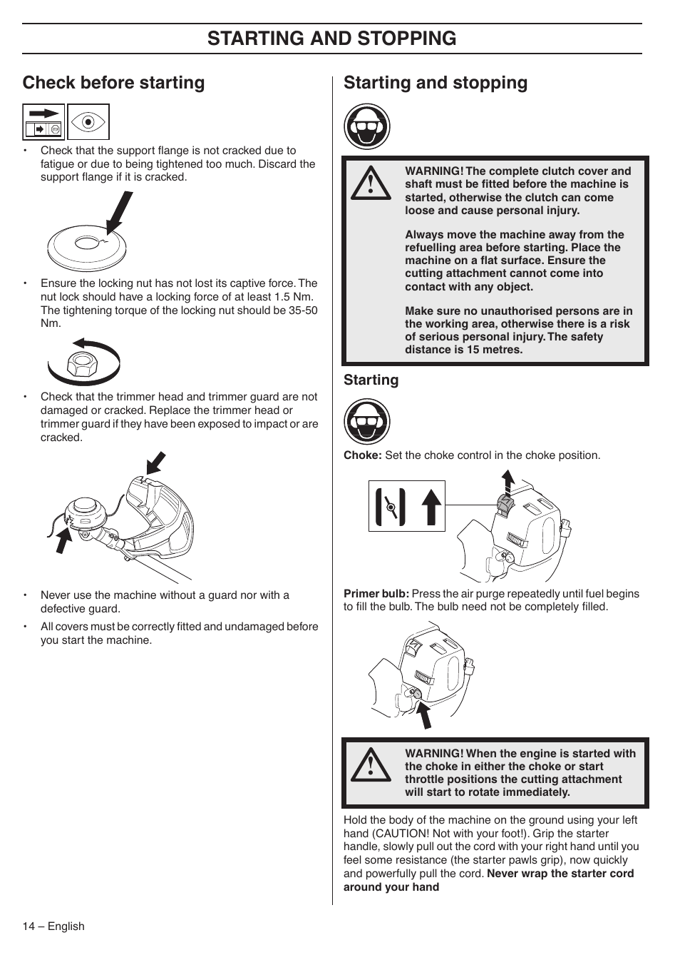 Check before starting, Starting and stopping, Starting | Husqvarna 335LX-SERIES 335LS User Manual | Page 14 / 36