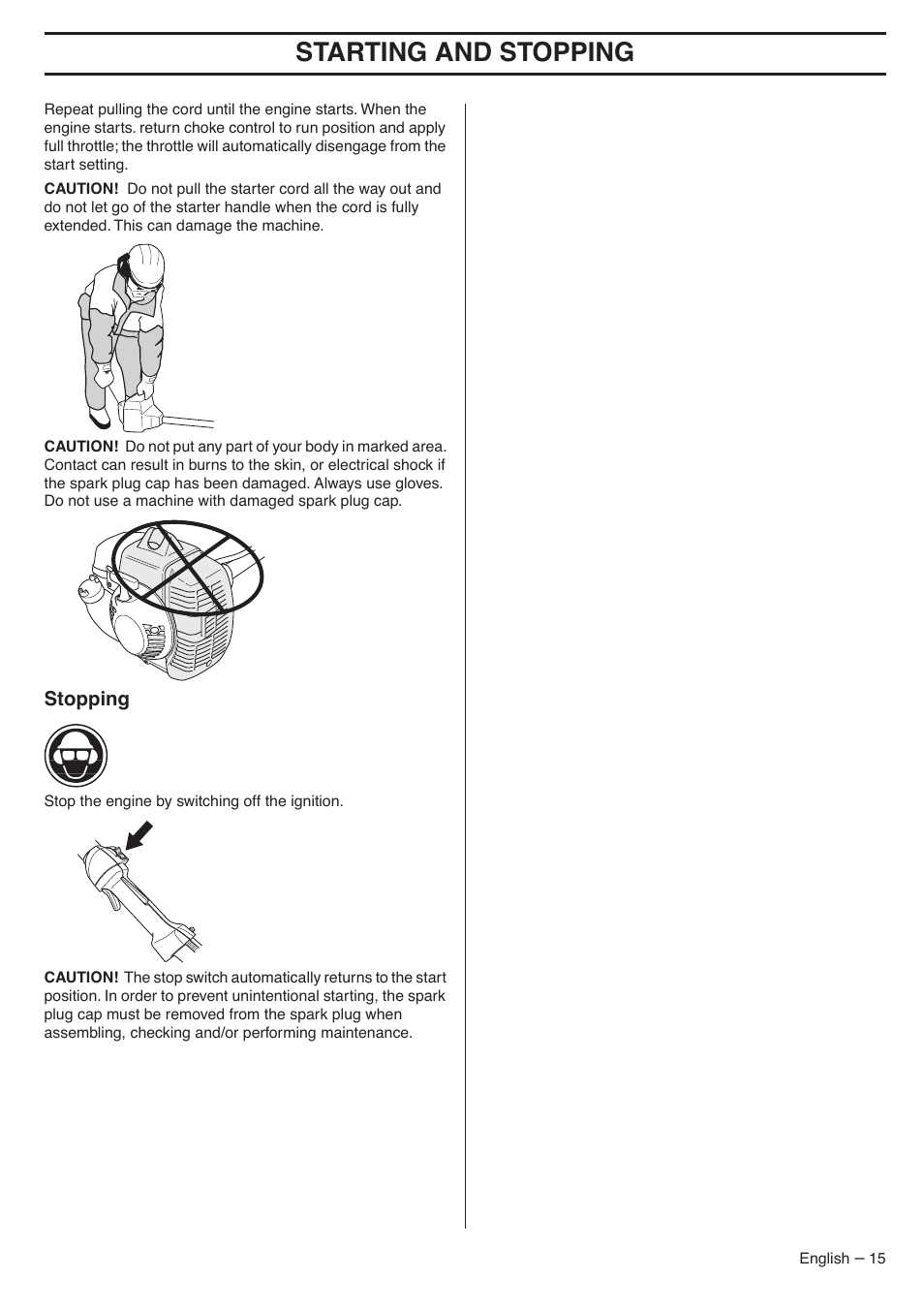 Stopping, Starting and stopping | Husqvarna 335LX-SERIES 335LS User Manual | Page 15 / 36