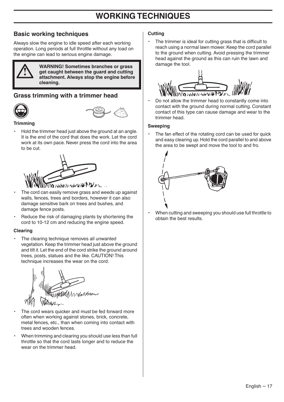 Basic working techniques, Grass trimming with a trimmer head, Working techniques | Husqvarna 335LX-SERIES 335LS User Manual | Page 17 / 36