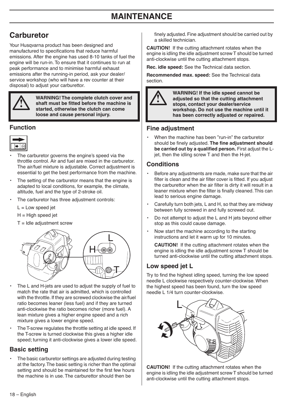 Carburetor, Function, Basic setting | Fine adjustment, Conditions, Low speed jet l, Hl t, Maintenance | Husqvarna 335LX-SERIES 335LS User Manual | Page 18 / 36